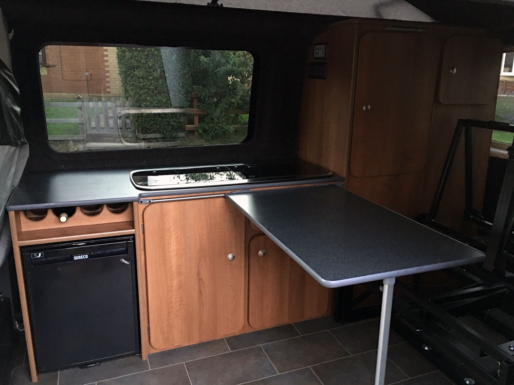 VW t5 finished cupboard work with installed cooker and fridge